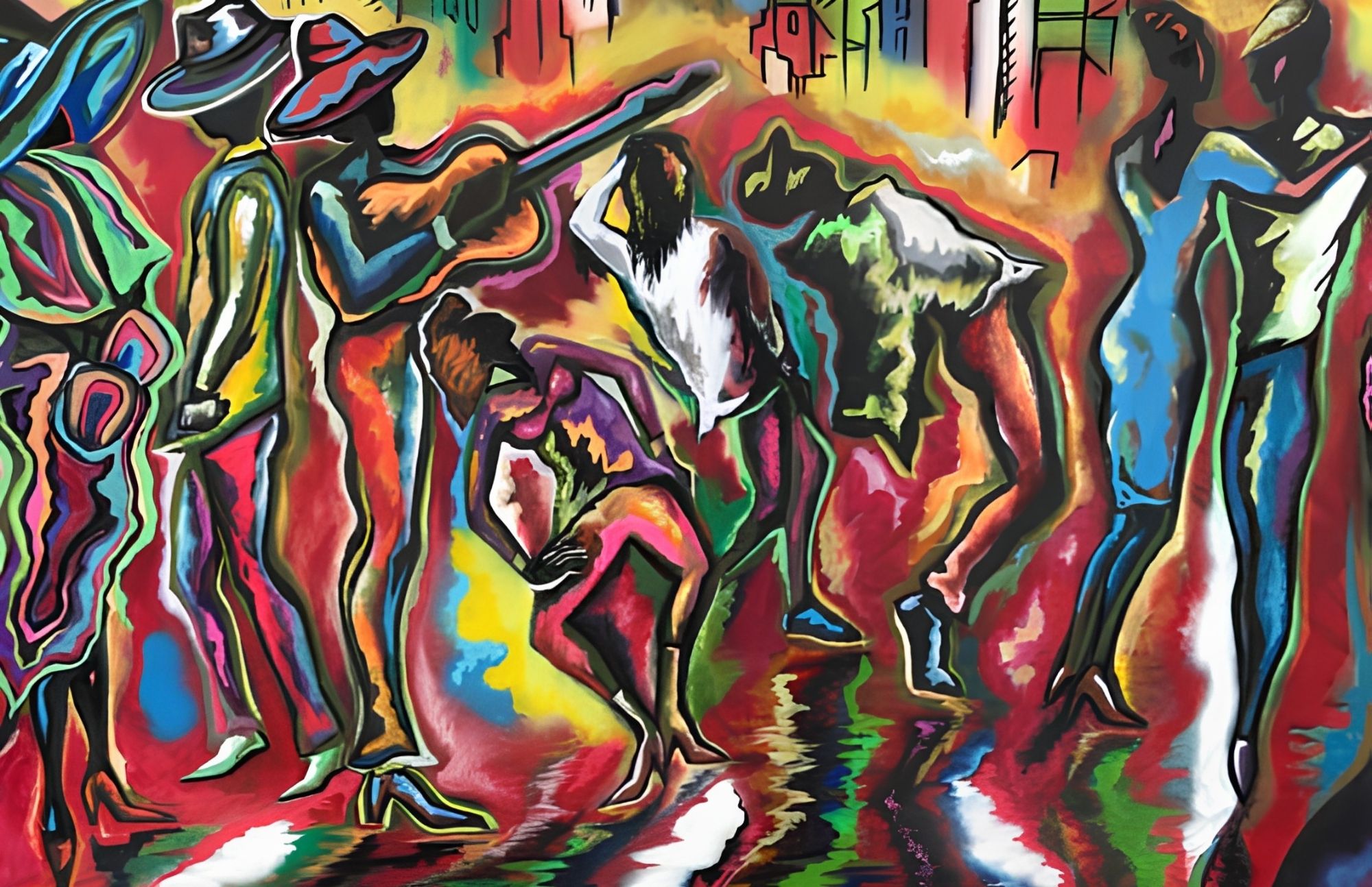 The original Corey Barksdale painting of musicians and dancers that the Rockford CRE8IV mural design was based on