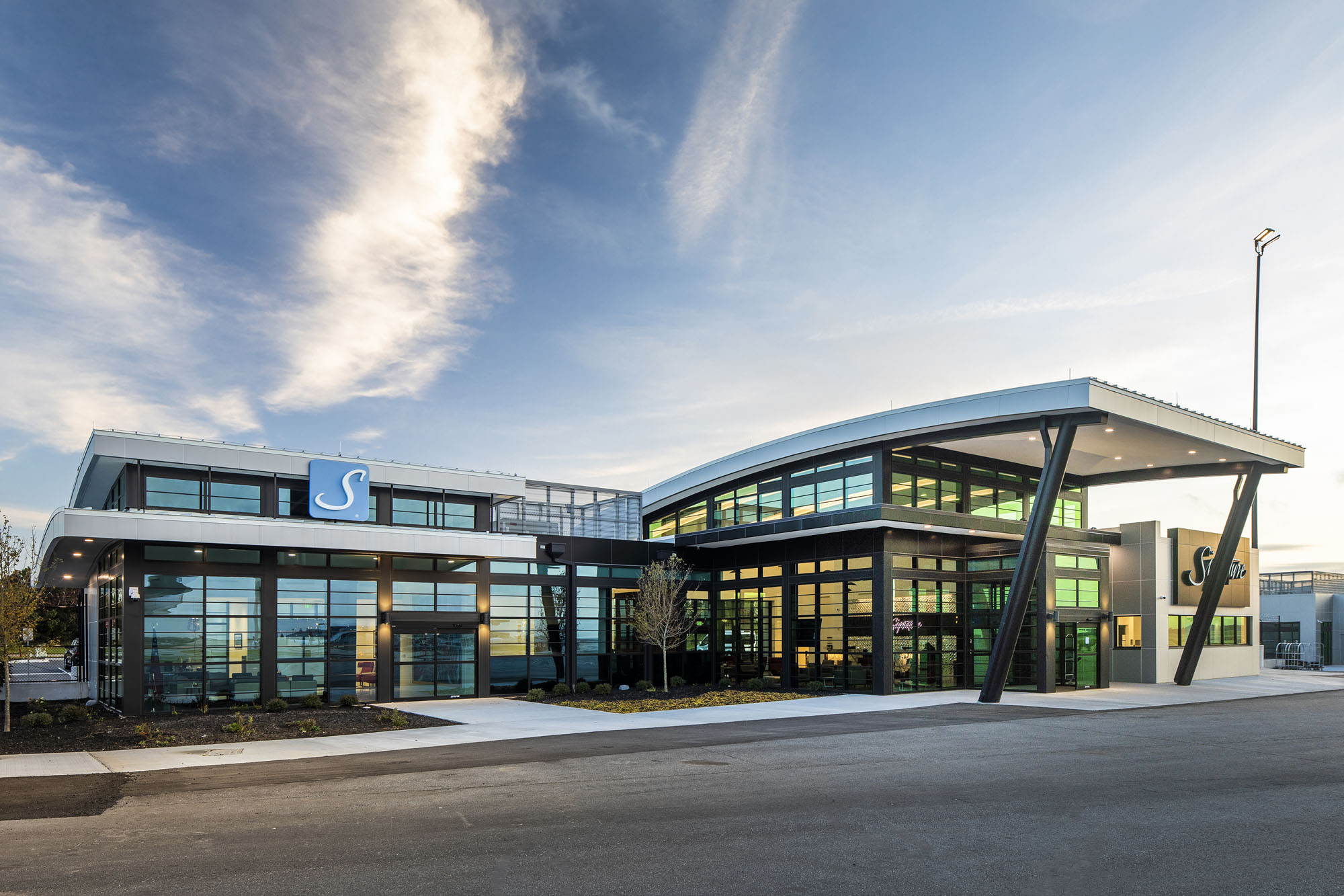 Exterior view of the Signature Aviation Executive Terminal and Hangars from the airside entrance